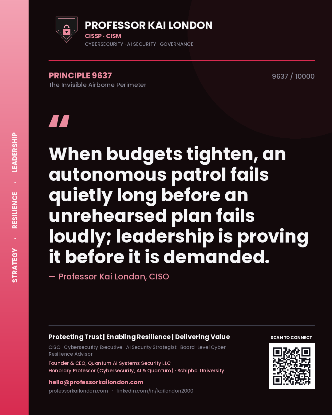 Professor Kai London principle 9637: When budgets tighten, an autonomous patrol fails quietly long before an unrehearsed plan fails loudly; leadership is proving it before it is demanded.