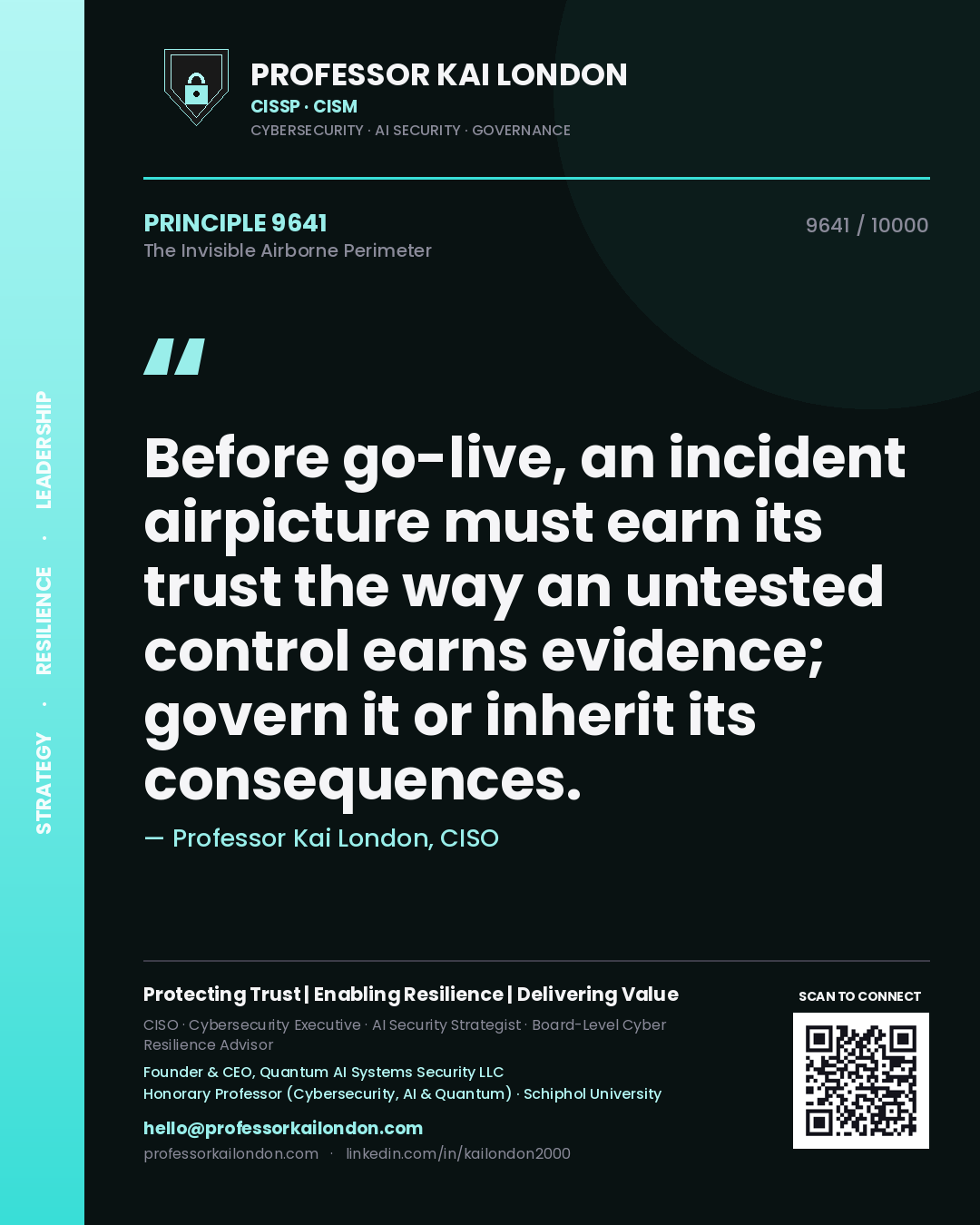 Quote card by Professor Kai London reading 'Before go-live, an incident airpicture must earn its trust the way an untested control earns evidence; govern it or inherit its consequences.'. From the book The Invisible Airborne Perimeter.