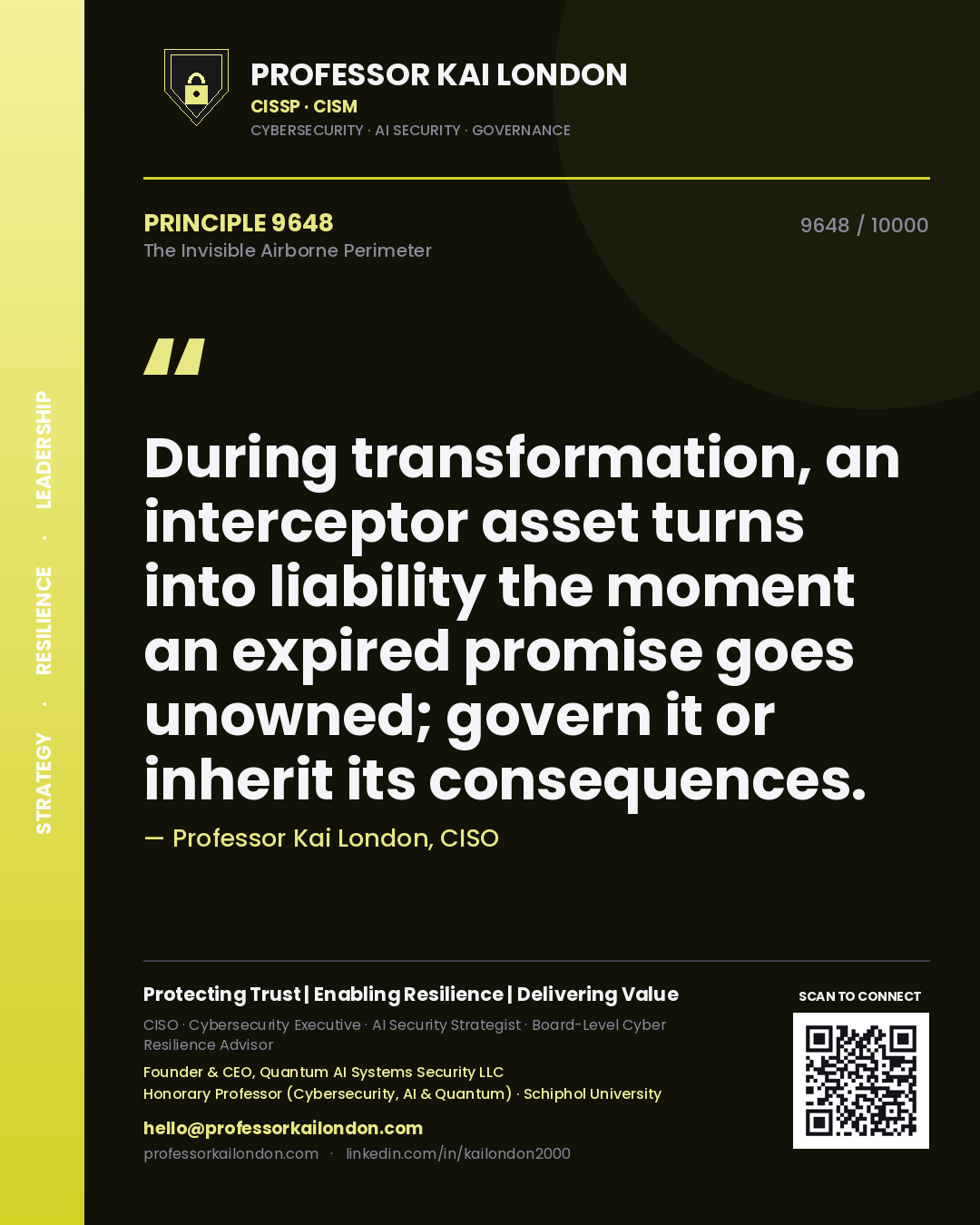 Professor Kai London principle 9648: During transformation, an interceptor asset turns into liability the moment an expired promise goes unowned; govern it or inherit its consequences.