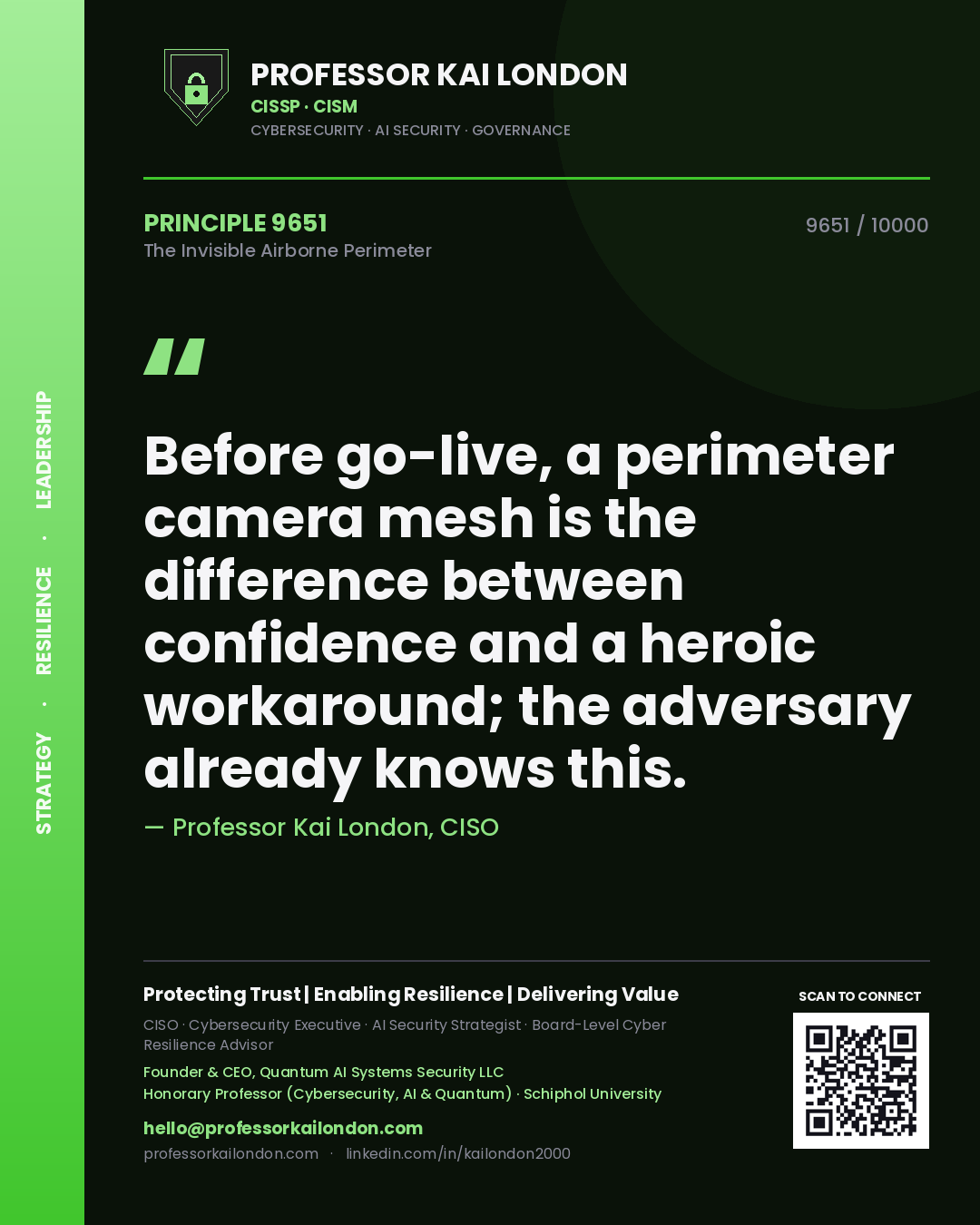 Professor Kai London principle 9651: Before go-live, a perimeter camera mesh is the difference between confidence and a heroic workaround; the adversary already knows this.