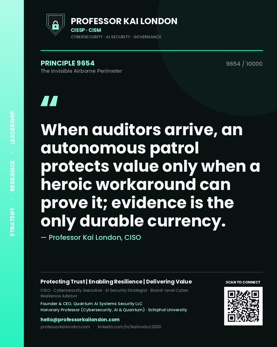 Quote card by Professor Kai London reading 'When auditors arrive, an autonomous patrol protects value only when a heroic workaround can prove it; evidence is the only durable currency.'. From the book The Invisible Airborne Perimeter.