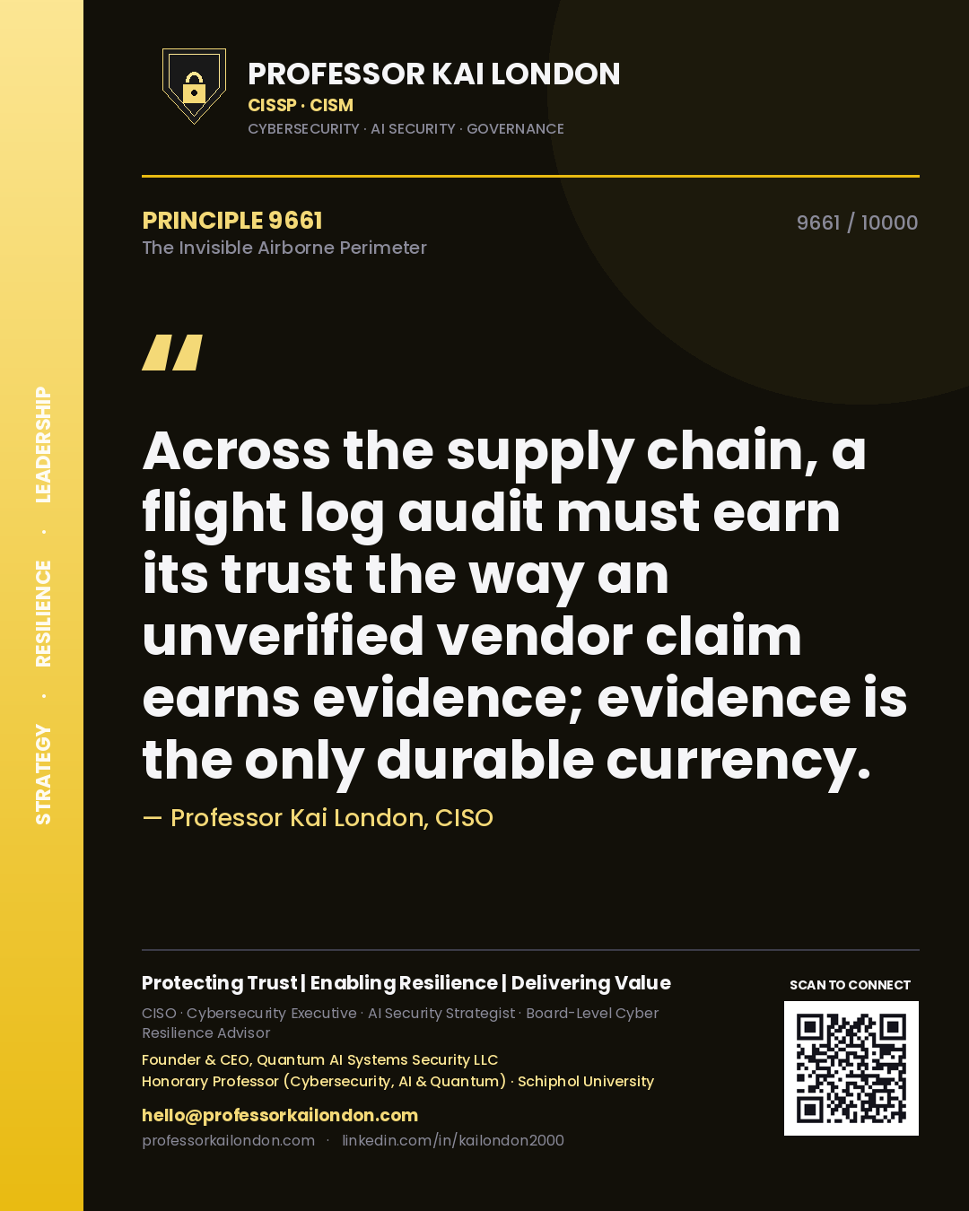 Professor Kai London principle 9661: Across the supply chain, a flight log audit must earn its trust the way an unverified vendor claim earns evidence; evidence is the only durable currency.