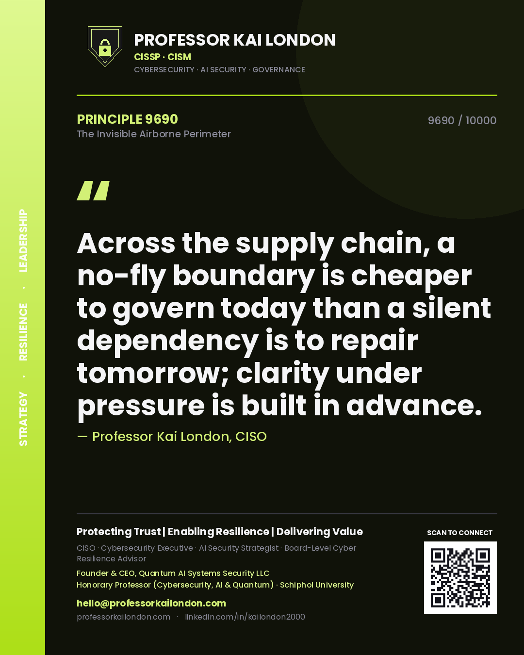 Professor Kai London principle 9690: Across the supply chain, a no-fly boundary is cheaper to govern today than a silent dependency is to repair tomorrow; clarity under pressure is built in advance.