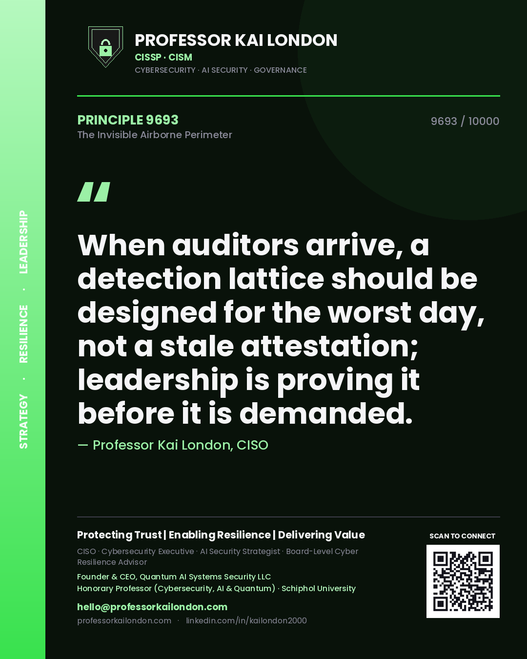 Professor Kai London principle 9693: When auditors arrive, a detection lattice should be designed for the worst day, not a stale attestation; leadership is proving it before it is demanded.