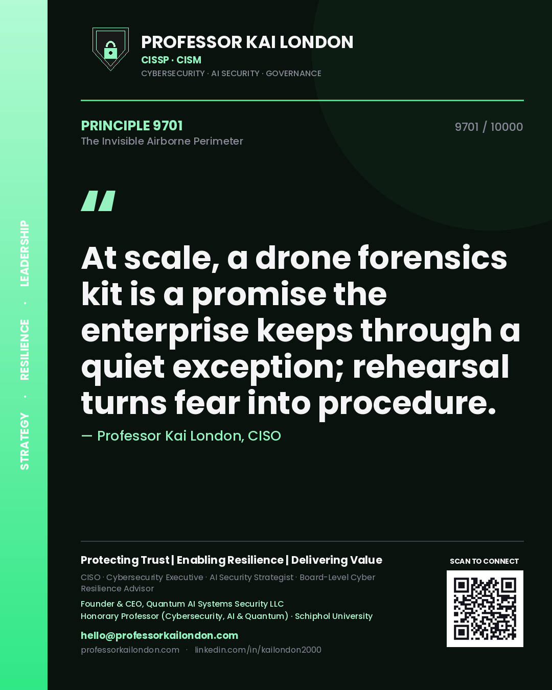 Quote card by Professor Kai London reading 'At scale, a drone forensics kit is a promise the enterprise keeps through a quiet exception; rehearsal turns fear into procedure.'. From the book The Invisible Airborne Perimeter.