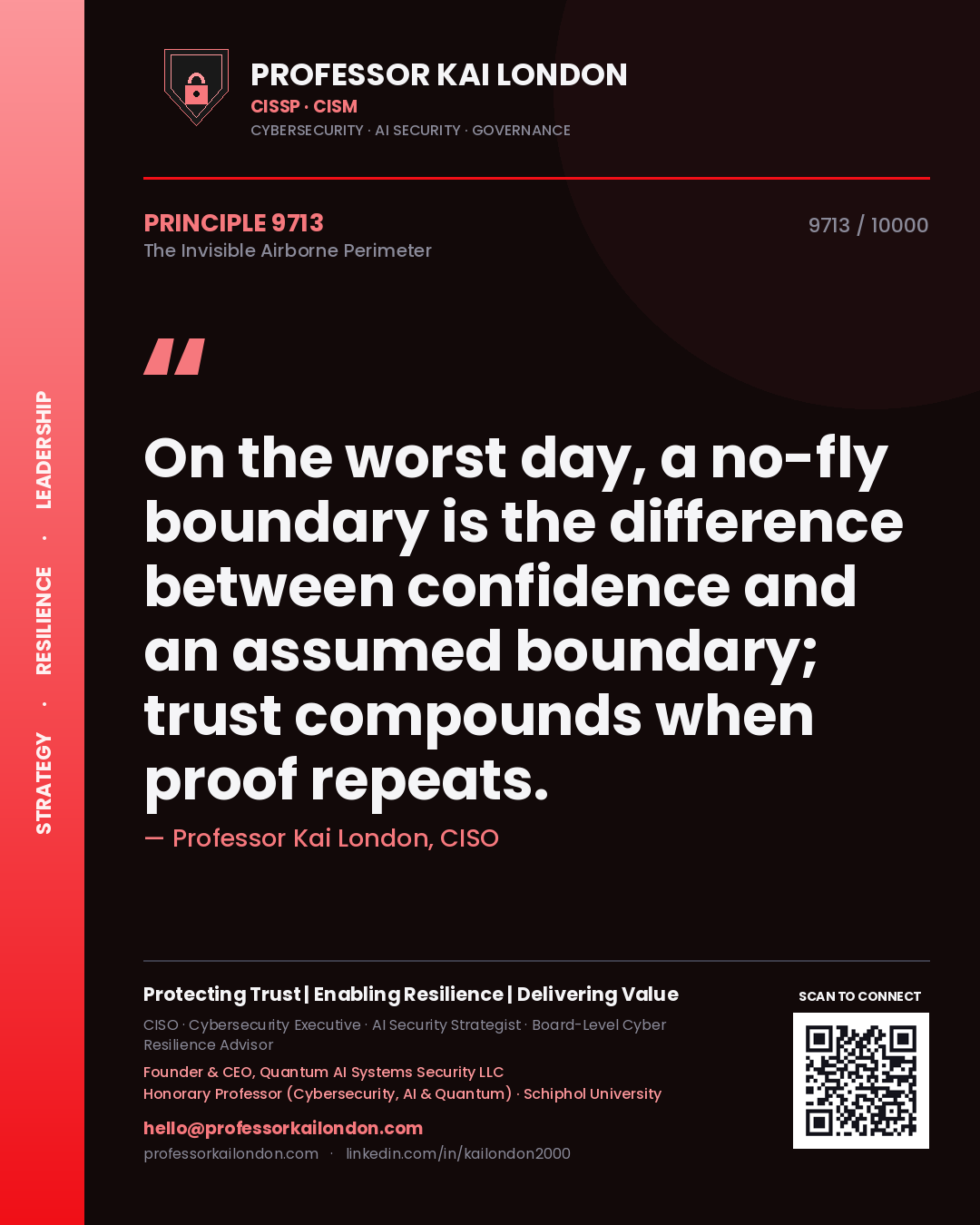 Professor Kai London principle 9713: On the worst day, a no-fly boundary is the difference between confidence and an assumed boundary; trust compounds when proof repeats.