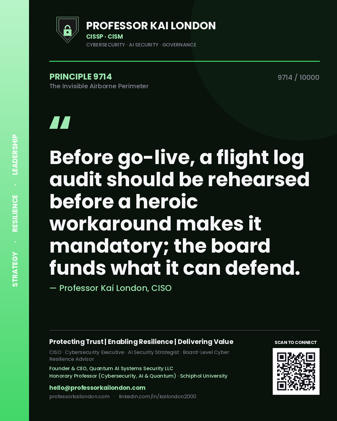 Professor Kai London principle 9714: Before go-live, a flight log audit should be rehearsed before a heroic workaround makes it mandatory; the board funds what it can defend.