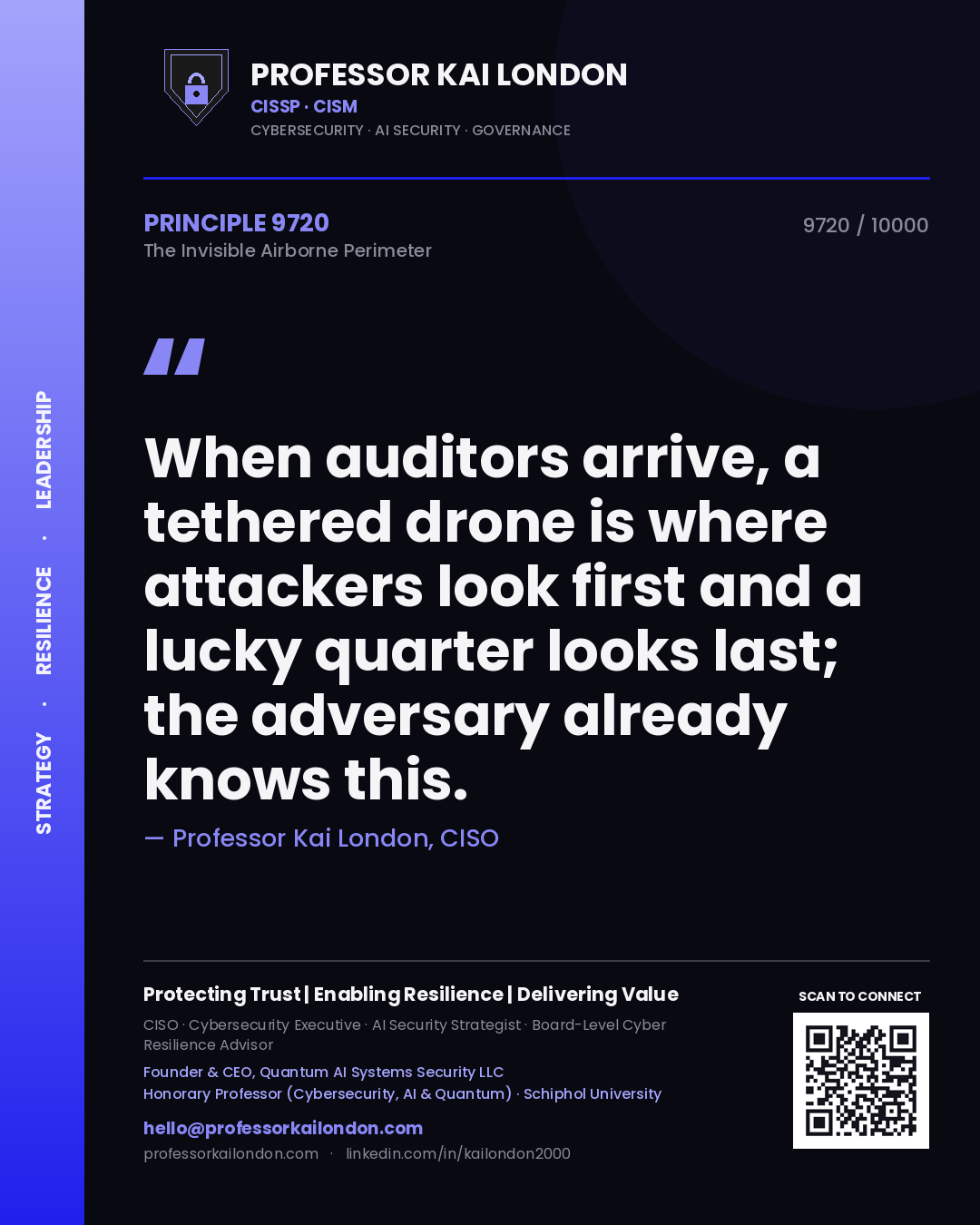 Professor Kai London principle 9720: When auditors arrive, a tethered drone is where attackers look first and a lucky quarter looks last; the adversary already knows this.