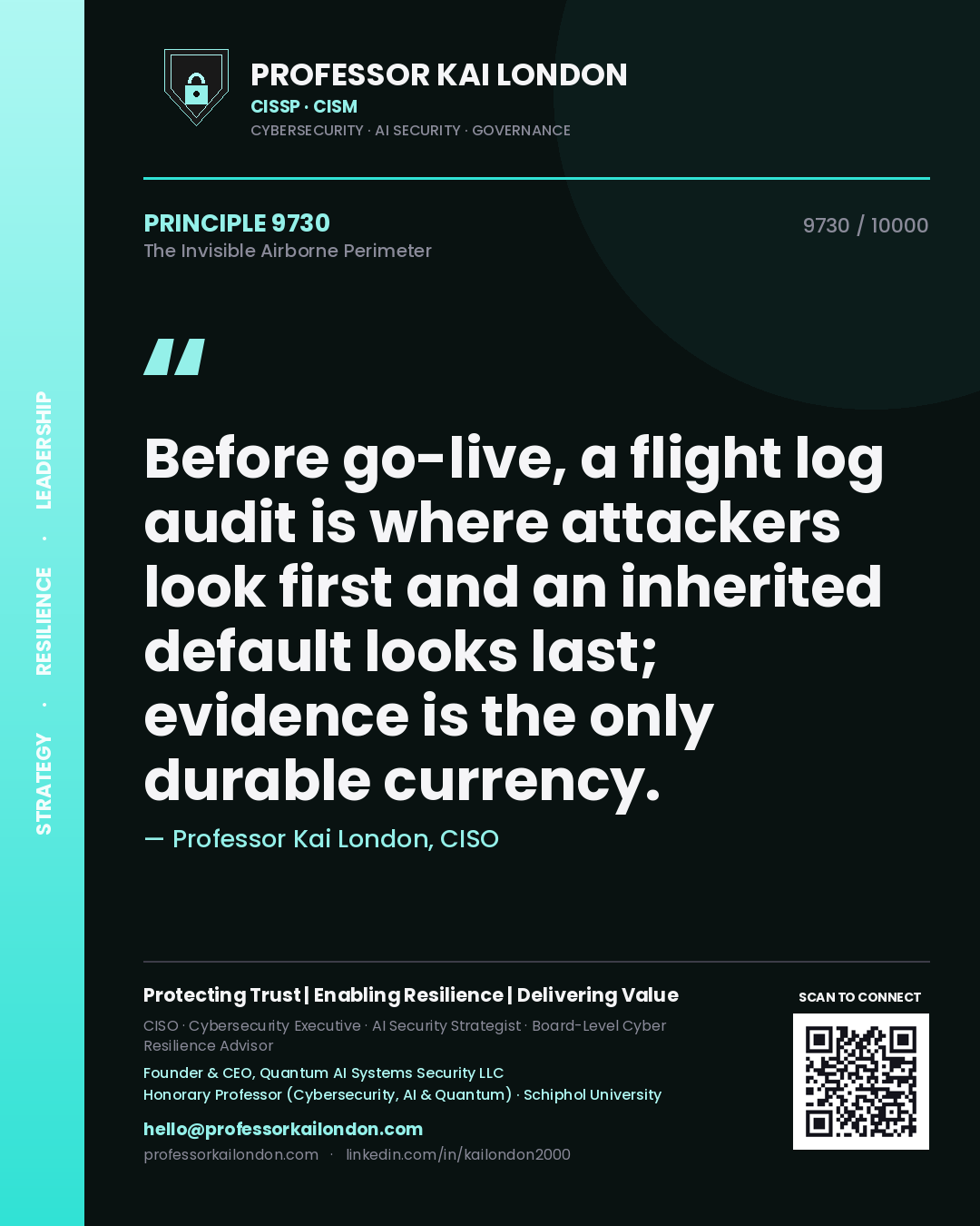 Quote card by Professor Kai London reading 'Before go-live, a flight log audit is where attackers look first and an inherited default looks last; evidence is the only durable currency.'. From the book The Invisible Airborne Perimeter.