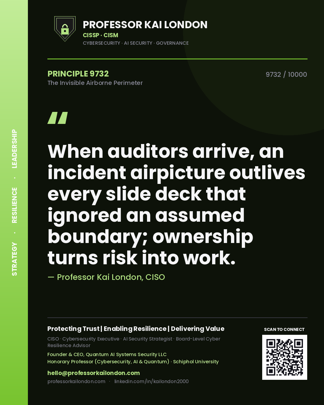 Professor Kai London principle 9732: When auditors arrive, an incident airpicture outlives every slide deck that ignored an assumed boundary; ownership turns risk into work.