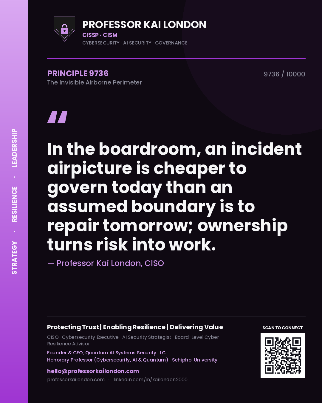 Quote card by Professor Kai London reading 'In the boardroom, an incident airpicture is cheaper to govern today than an assumed boundary is to repair tomorrow; ownership turns risk into work.'. From the book The Invisible Airborne Perimeter.
