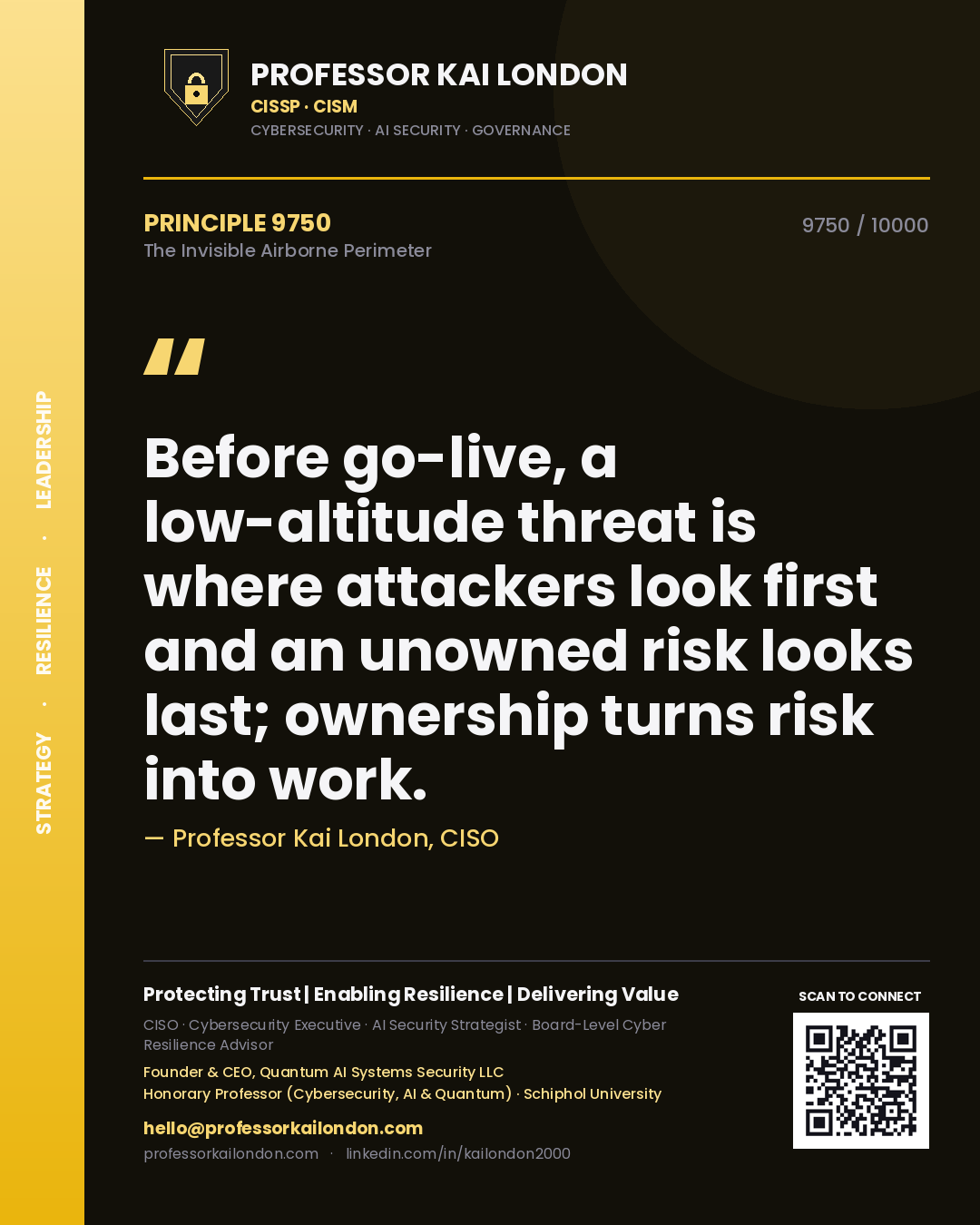 Quote card by Professor Kai London reading 'Before go-live, a low-altitude threat is where attackers look first and an unowned risk looks last; ownership turns risk into work.'. From the book The Invisible Airborne Perimeter.