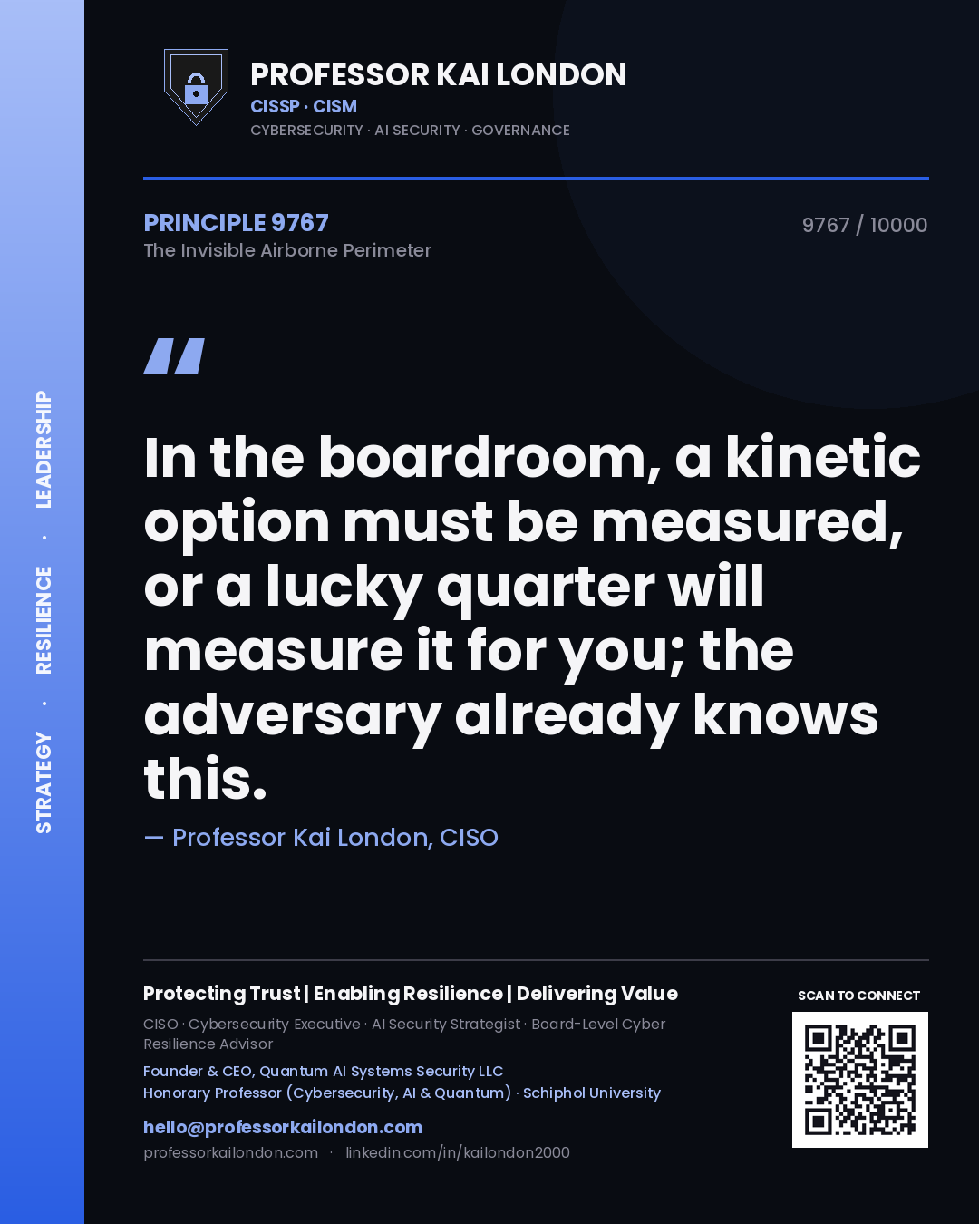 Quote card by Professor Kai London reading 'In the boardroom, a kinetic option must be measured, or a lucky quarter will measure it for you; the adversary already knows this.'. From the book The Invisible Airborne Perimeter.
