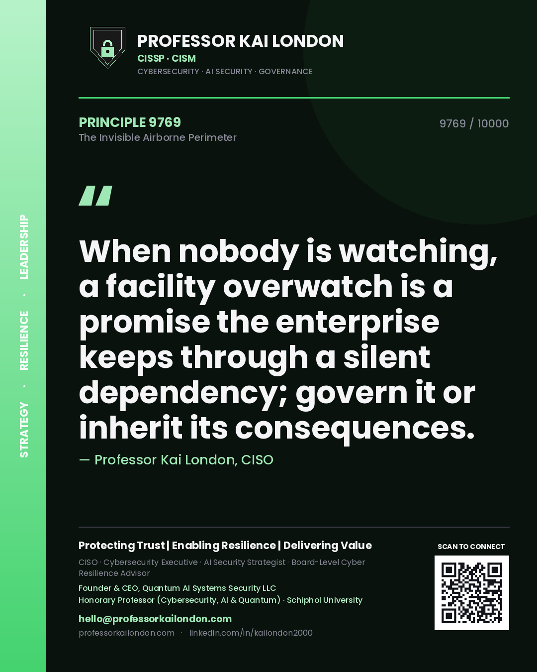 Professor Kai London principle 9769: When nobody is watching, a facility overwatch is a promise the enterprise keeps through a silent dependency; govern it or inherit its consequences.