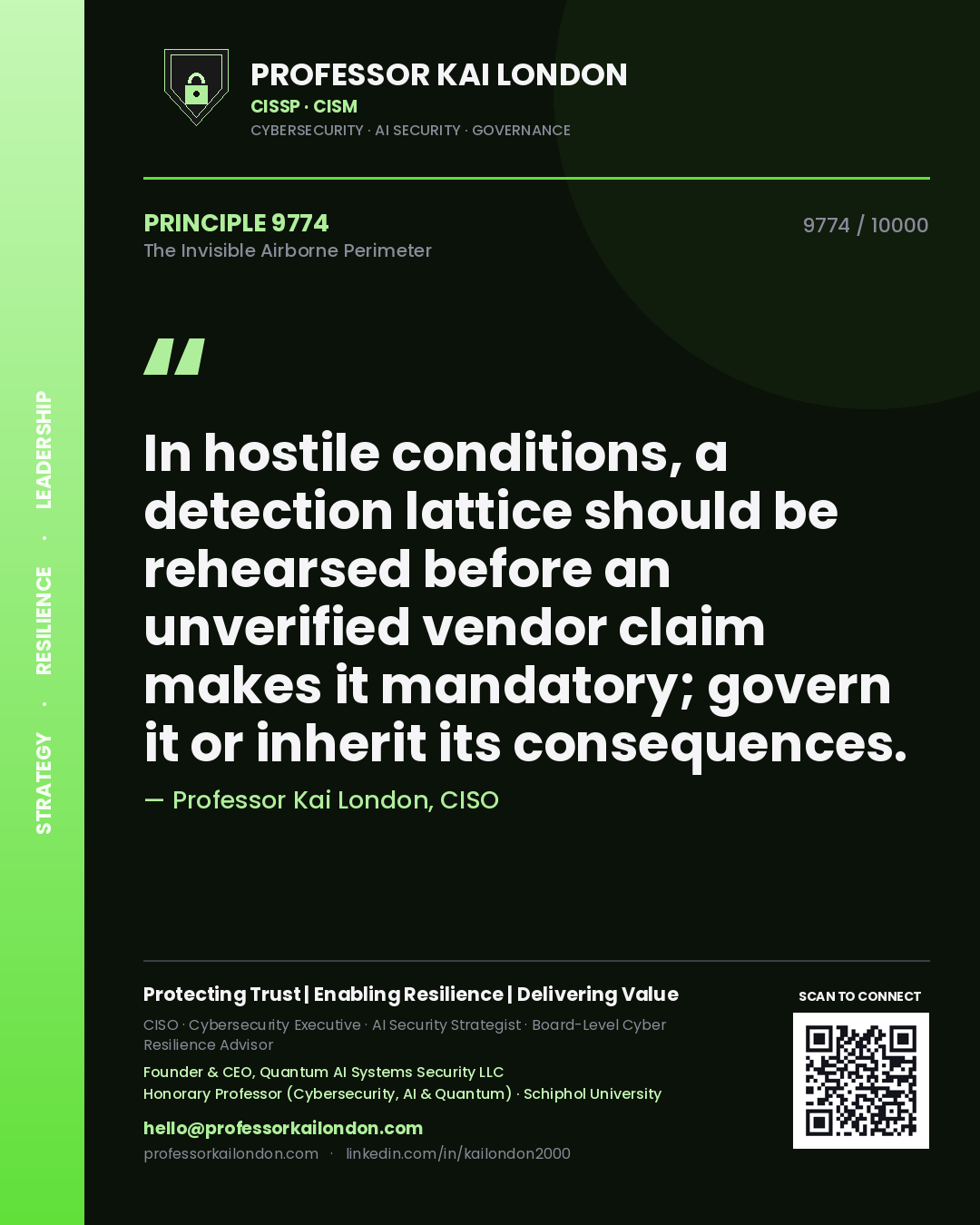 Professor Kai London principle 9774: In hostile conditions, a detection lattice should be rehearsed before an unverified vendor claim makes it mandatory; govern it or inherit its consequences.
