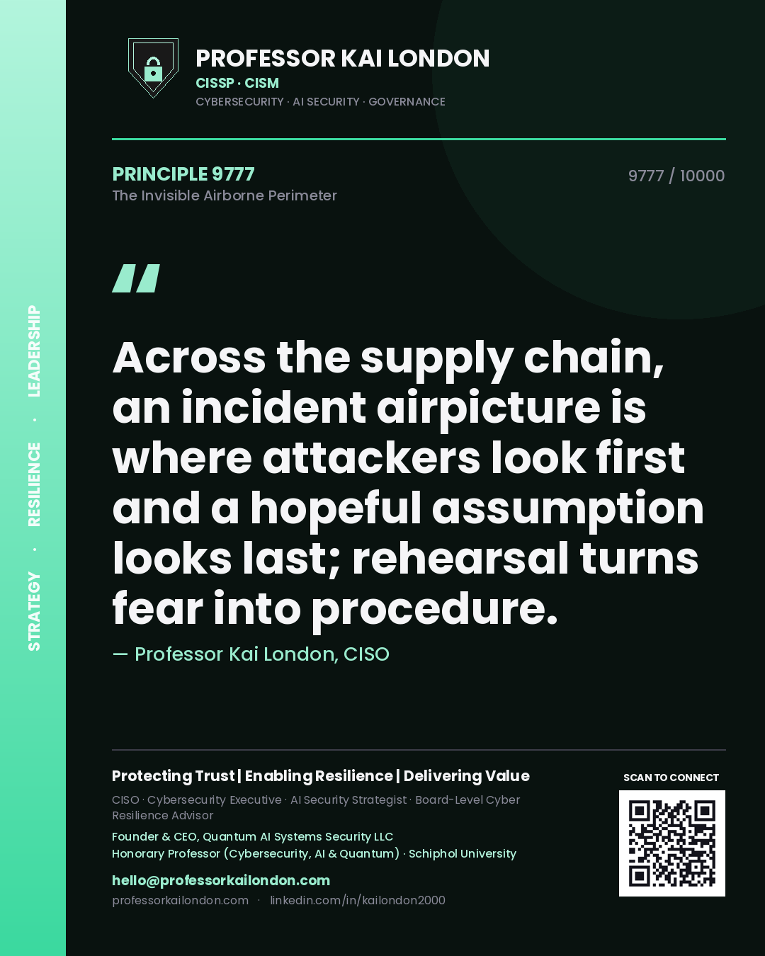 Quote card by Professor Kai London reading 'Across the supply chain, an incident airpicture is where attackers look first and a hopeful assumption looks last; rehearsal turns fear into procedure.'. From the book The Invisible Airborne Perimeter.