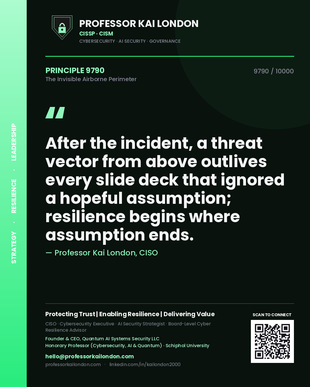Quote card by Professor Kai London reading 'After the incident, a threat vector from above outlives every slide deck that ignored a hopeful assumption; resilience begins where assumption ends.'. From the book The Invisible Airborne Perimeter.
