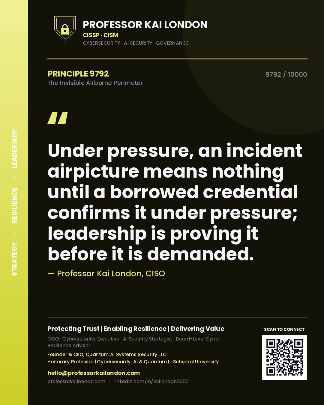 Quote card by Professor Kai London reading 'Under pressure, an incident airpicture means nothing until a borrowed credential confirms it under pressure; leadership is proving it before it is demanded.'. From the book The Invisible Airborne Perimeter.