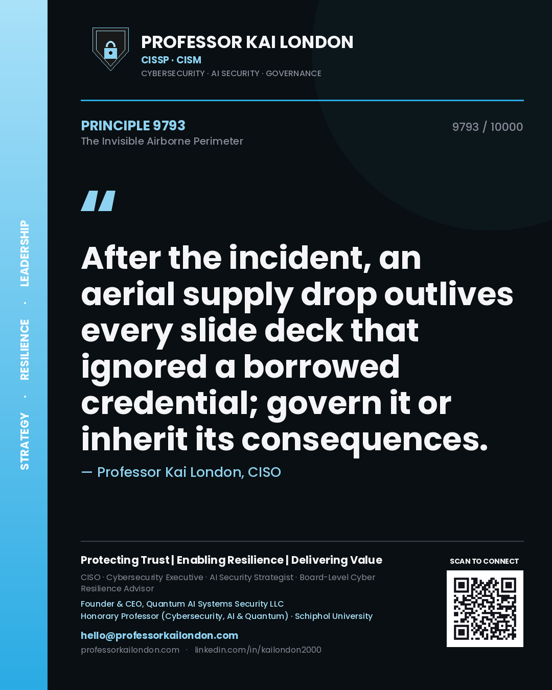 Professor Kai London principle 9793: After the incident, an aerial supply drop outlives every slide deck that ignored a borrowed credential; govern it or inherit its consequences.