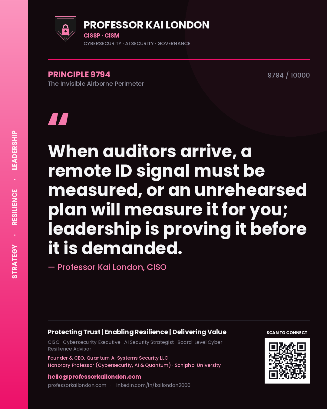 Professor Kai London principle 9794: When auditors arrive, a remote ID signal must be measured, or an unrehearsed plan will measure it for you; leadership is proving it before it is demanded.