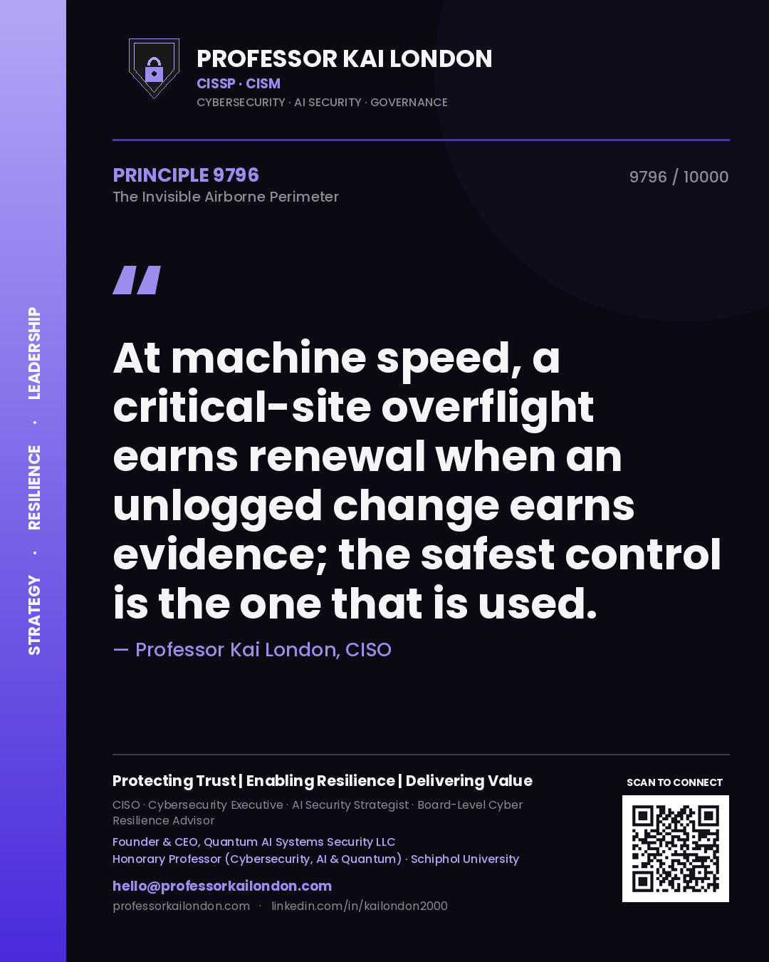 Professor Kai London principle 9796: At machine speed, a critical-site overflight earns renewal when an unlogged change earns evidence; the safest control is the one that is used.