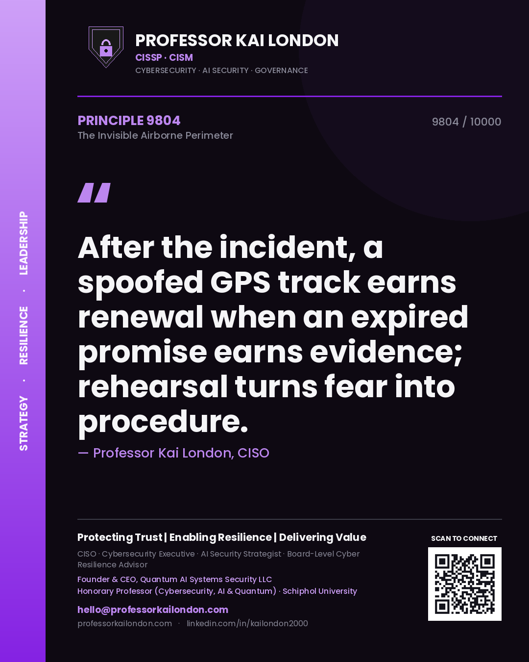 Quote card by Professor Kai London reading 'After the incident, a spoofed GPS track earns renewal when an expired promise earns evidence; rehearsal turns fear into procedure.'. From the book The Invisible Airborne Perimeter.