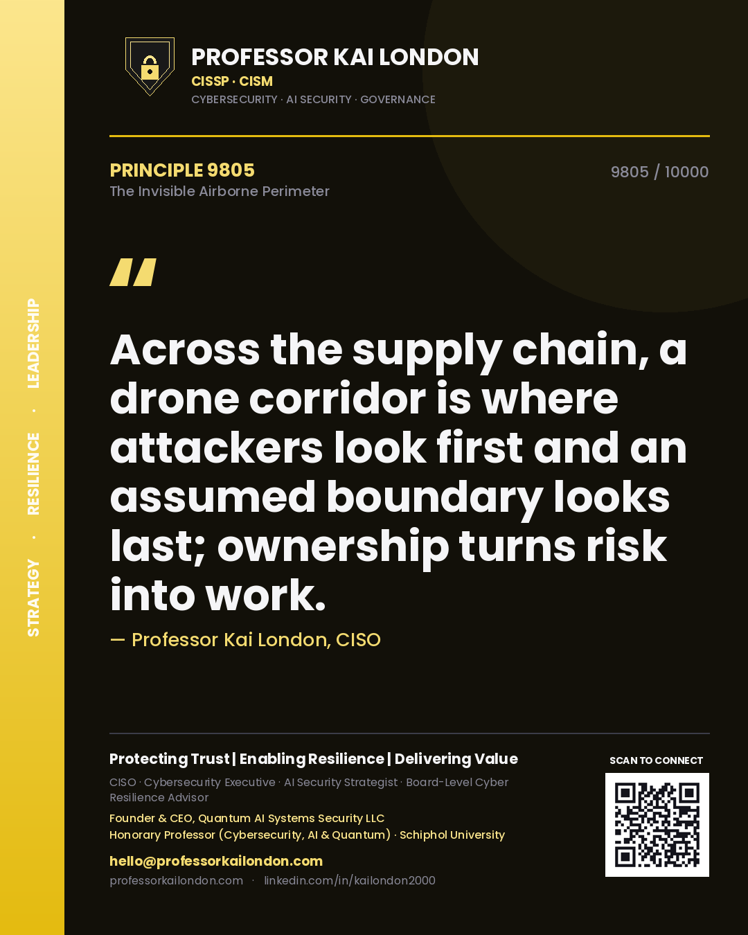 Professor Kai London principle 9805: Across the supply chain, a drone corridor is where attackers look first and an assumed boundary looks last; ownership turns risk into work.