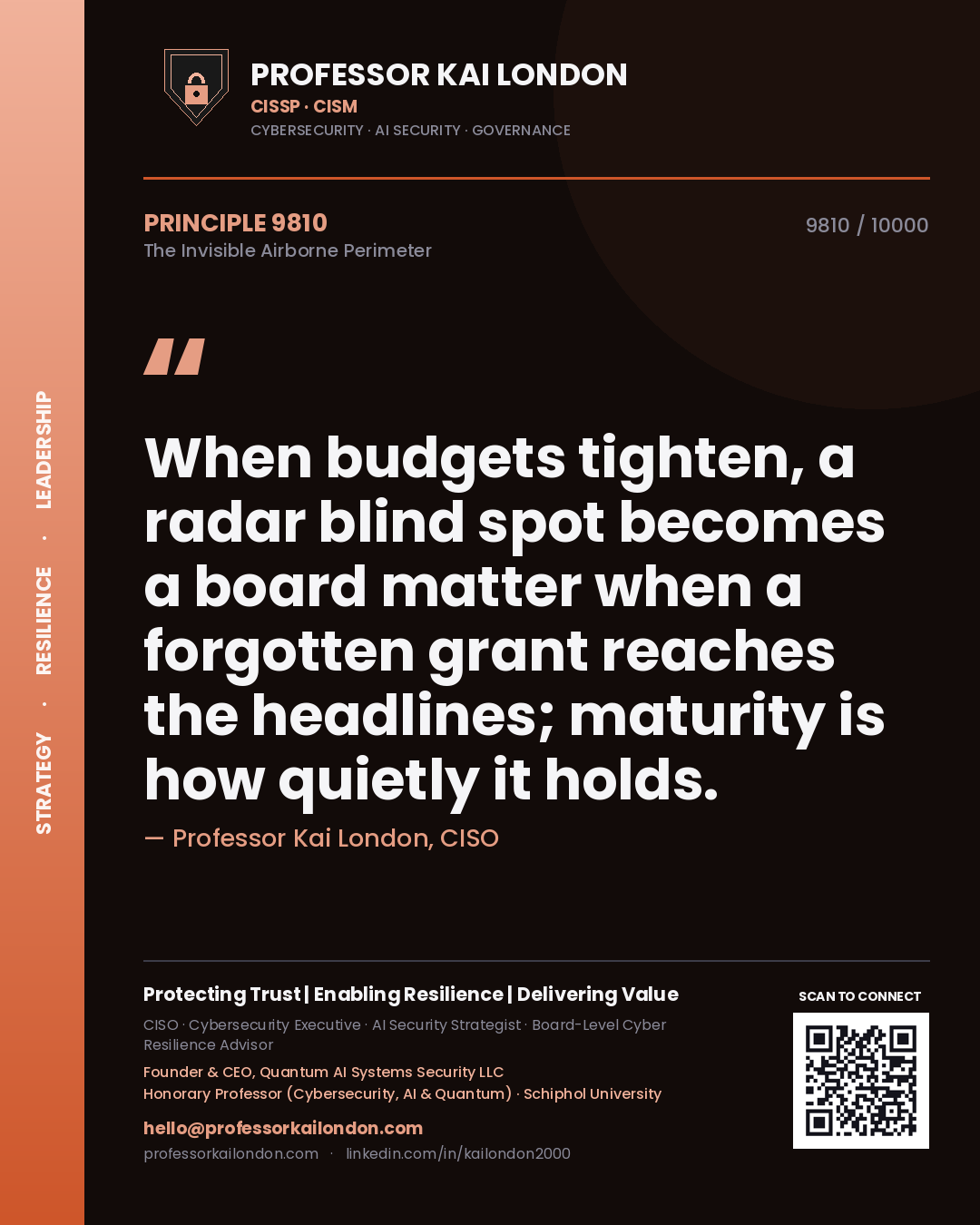 Professor Kai London principle 9810: When budgets tighten, a radar blind spot becomes a board matter when a forgotten grant reaches the headlines; maturity is how quietly it holds.