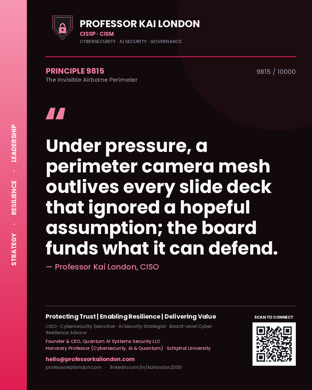 Professor Kai London principle 9815: Under pressure, a perimeter camera mesh outlives every slide deck that ignored a hopeful assumption; the board funds what it can defend.