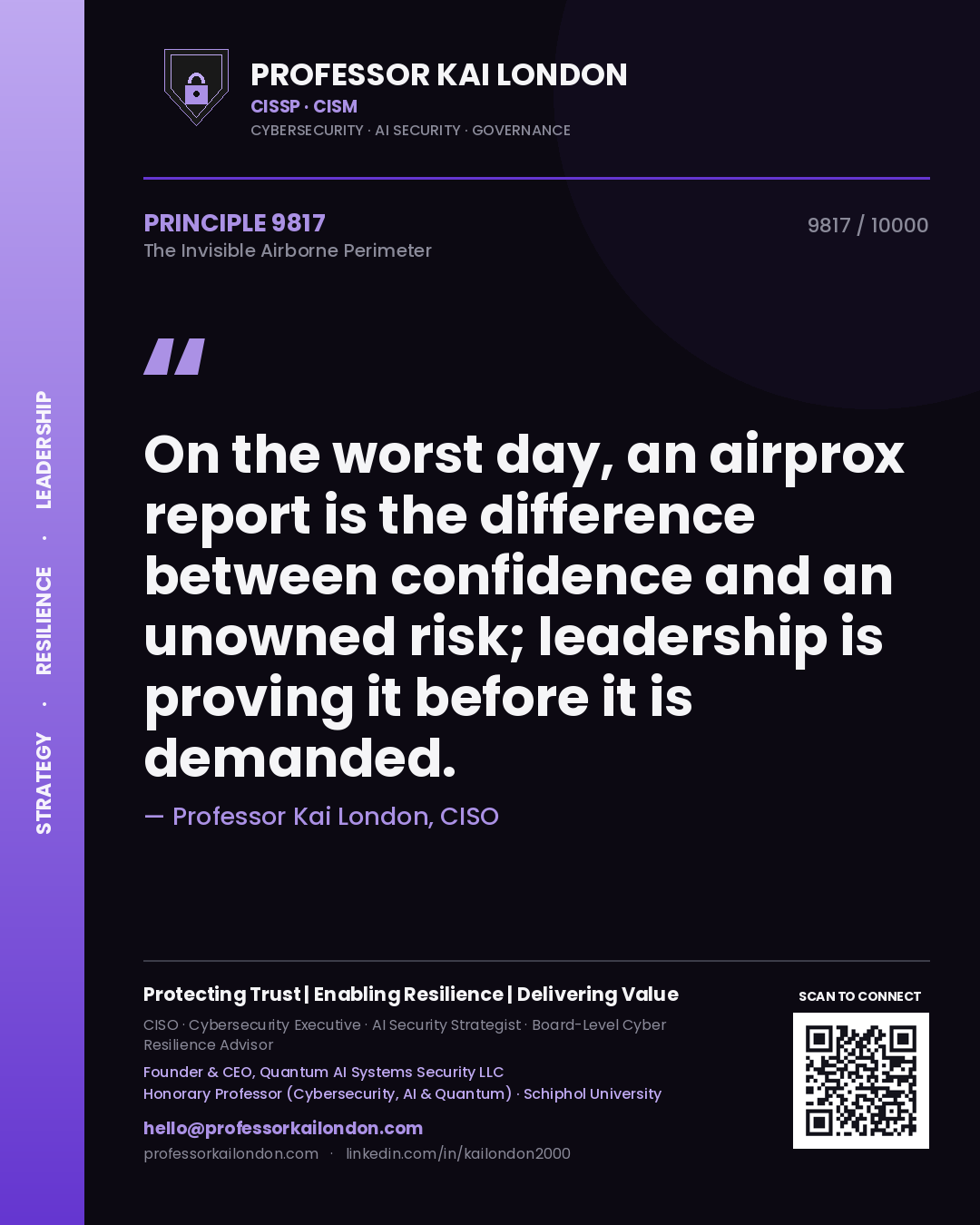 Professor Kai London principle 9817: On the worst day, an airprox report is the difference between confidence and an unowned risk; leadership is proving it before it is demanded.