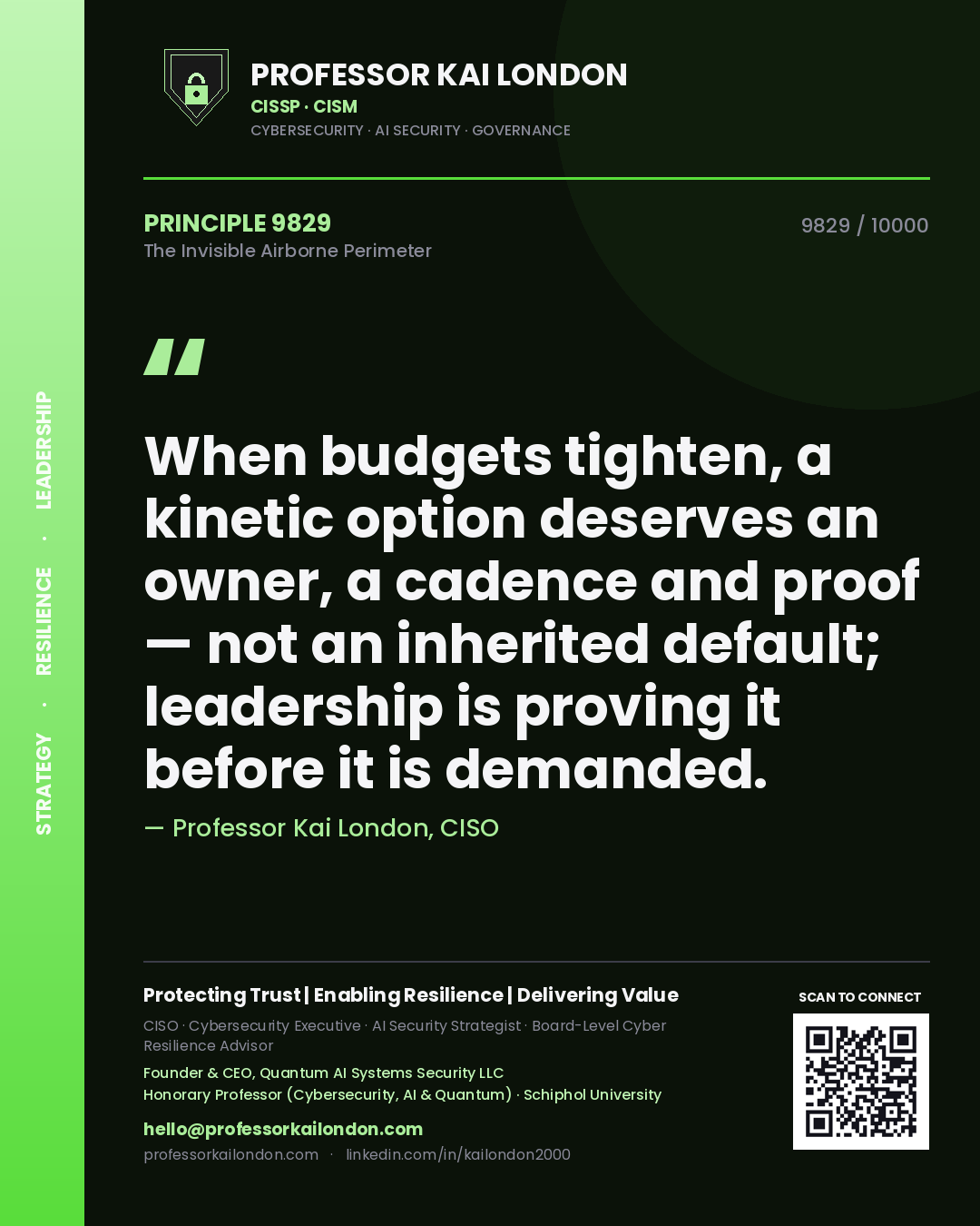 Professor Kai London principle 9829: When budgets tighten, a kinetic option deserves an owner, a cadence and proof — not an inherited default; leadership is proving it before it is demanded.