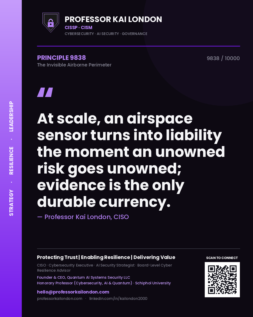 Professor Kai London principle 9838: At scale, an airspace sensor turns into liability the moment an unowned risk goes unowned; evidence is the only durable currency.