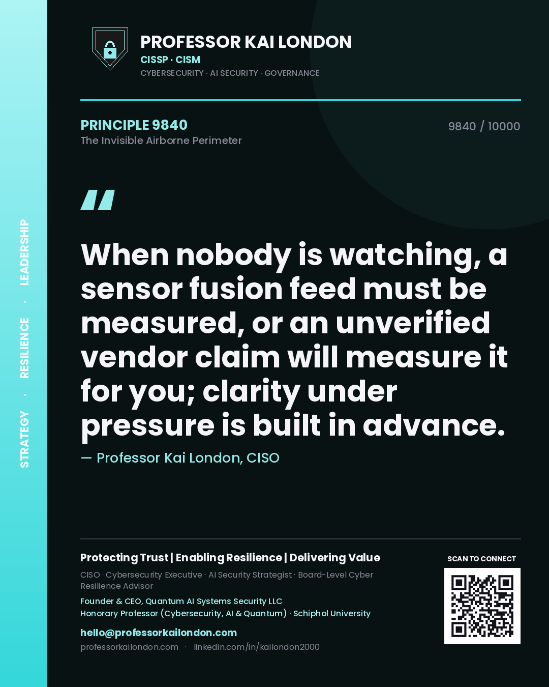 Quote card by Professor Kai London reading 'When nobody is watching, a sensor fusion feed must be measured, or an unverified vendor claim will measure it for you; clarity under pressure is built in advance.'. From the book The Invisible Airborne Perimeter.