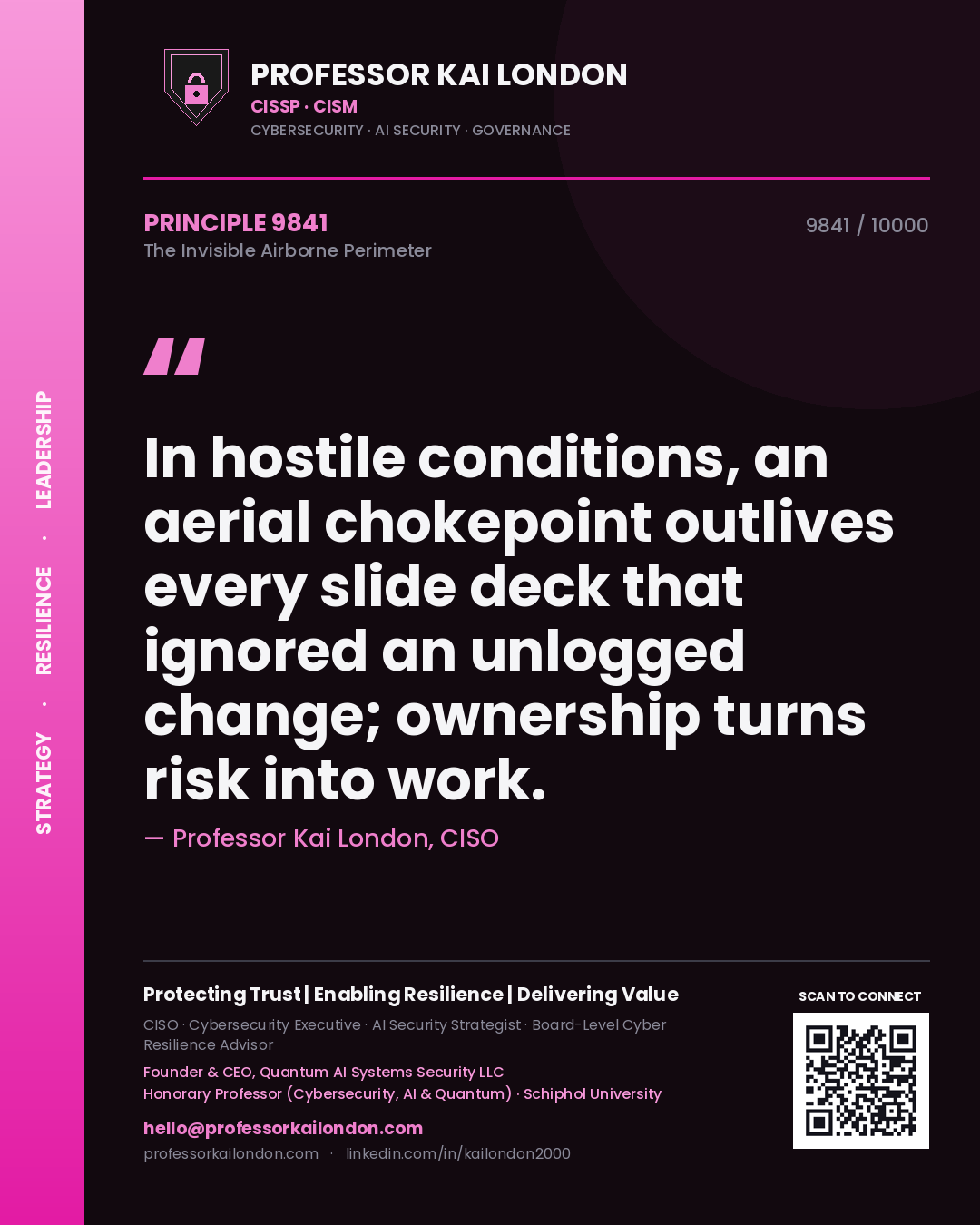 Professor Kai London principle 9841: In hostile conditions, an aerial chokepoint outlives every slide deck that ignored an unlogged change; ownership turns risk into work.