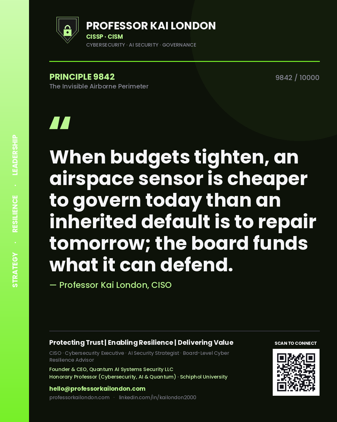 Professor Kai London principle 9842: When budgets tighten, an airspace sensor is cheaper to govern today than an inherited default is to repair tomorrow; the board funds what it can defend.