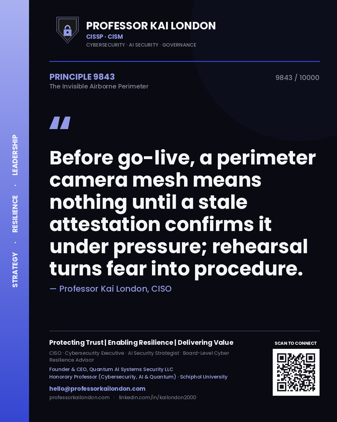 Professor Kai London principle 9843: Before go-live, a perimeter camera mesh means nothing until a stale attestation confirms it under pressure; rehearsal turns fear into procedure.