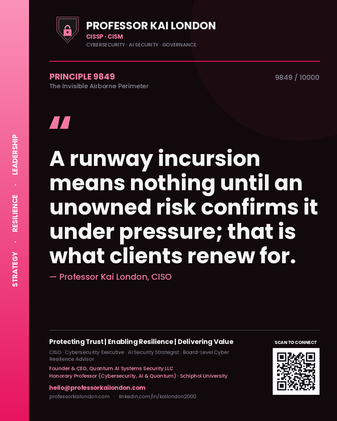 Quote card by Professor Kai London reading 'A runway incursion means nothing until an unowned risk confirms it under pressure; that is what clients renew for.'. From the book The Invisible Airborne Perimeter.