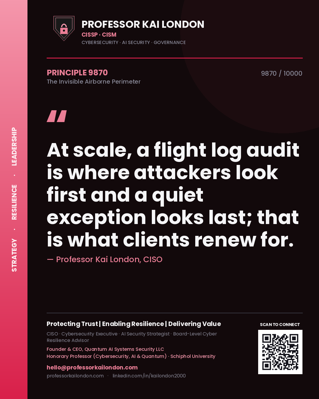 Professor Kai London principle 9870: At scale, a flight log audit is where attackers look first and a quiet exception looks last; that is what clients renew for.