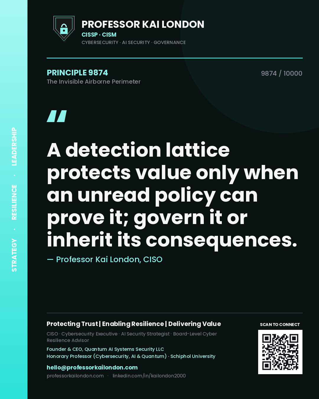 Quote card by Professor Kai London reading 'A detection lattice protects value only when an unread policy can prove it; govern it or inherit its consequences.'. From the book The Invisible Airborne Perimeter.