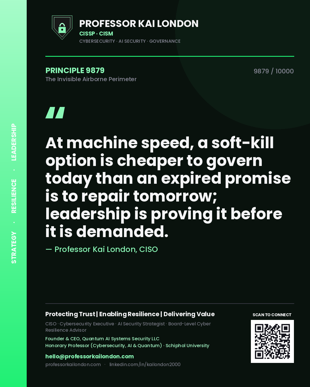 Professor Kai London principle 9879: At machine speed, a soft-kill option is cheaper to govern today than an expired promise is to repair tomorrow; leadership is proving it before it is demanded.