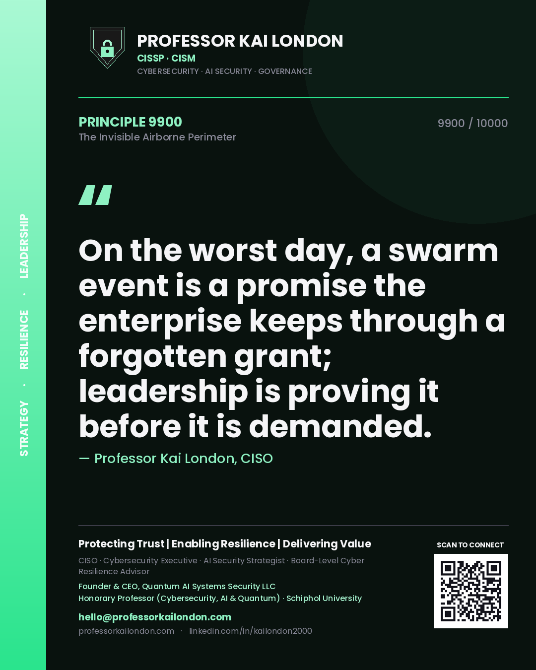 Quote card by Professor Kai London reading 'On the worst day, a swarm event is a promise the enterprise keeps through a forgotten grant; leadership is proving it before it is demanded.'. From the book The Invisible Airborne Perimeter.
