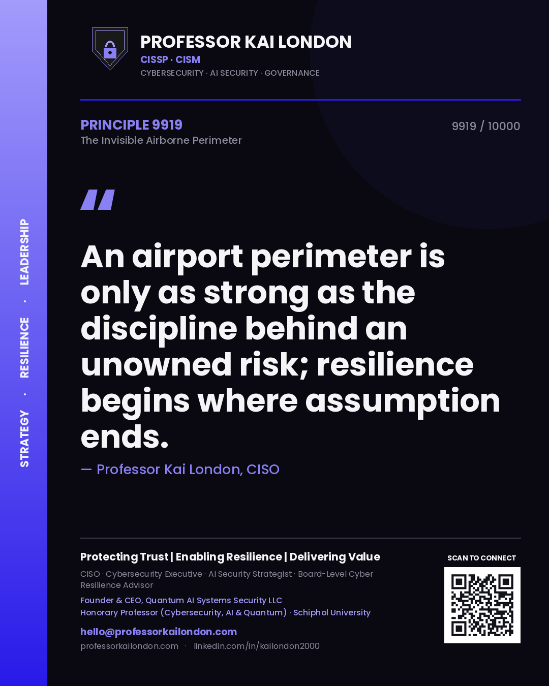 Quote card by Professor Kai London reading 'An airport perimeter is only as strong as the discipline behind an unowned risk; resilience begins where assumption ends.'. From the book The Invisible Airborne Perimeter.
