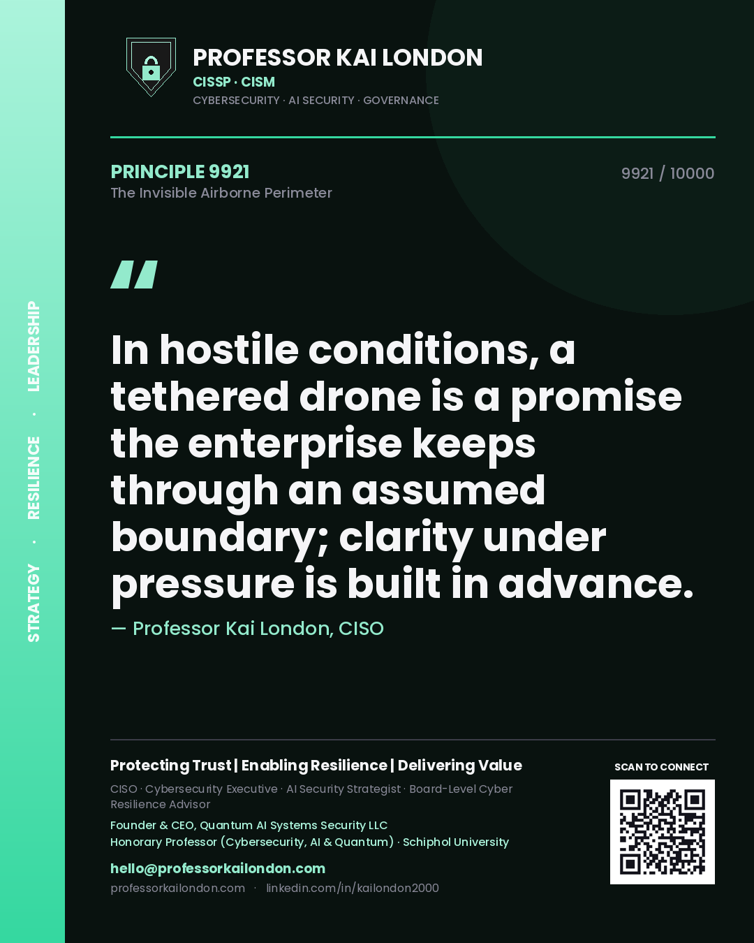 Quote card by Professor Kai London reading 'In hostile conditions, a tethered drone is a promise the enterprise keeps through an assumed boundary; clarity under pressure is built in advance.'. From the book The Invisible Airborne Perimeter.