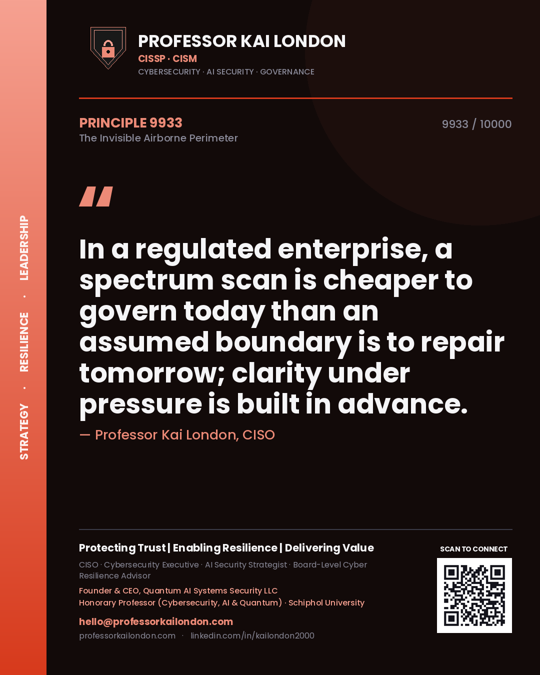 Professor Kai London principle 9933: In a regulated enterprise, a spectrum scan is cheaper to govern today than an assumed boundary is to repair tomorrow; clarity under pressure is built in advance.