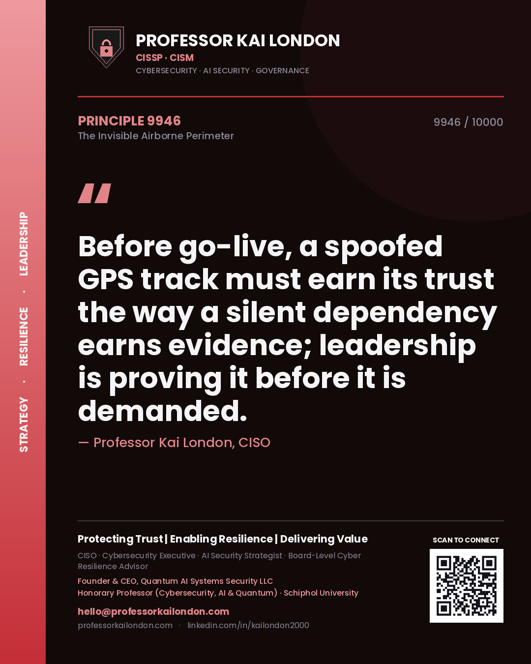 Quote card by Professor Kai London reading 'Before go-live, a spoofed GPS track must earn its trust the way a silent dependency earns evidence; leadership is proving it before it is demanded.'. From the book The Invisible Airborne Perimeter.
