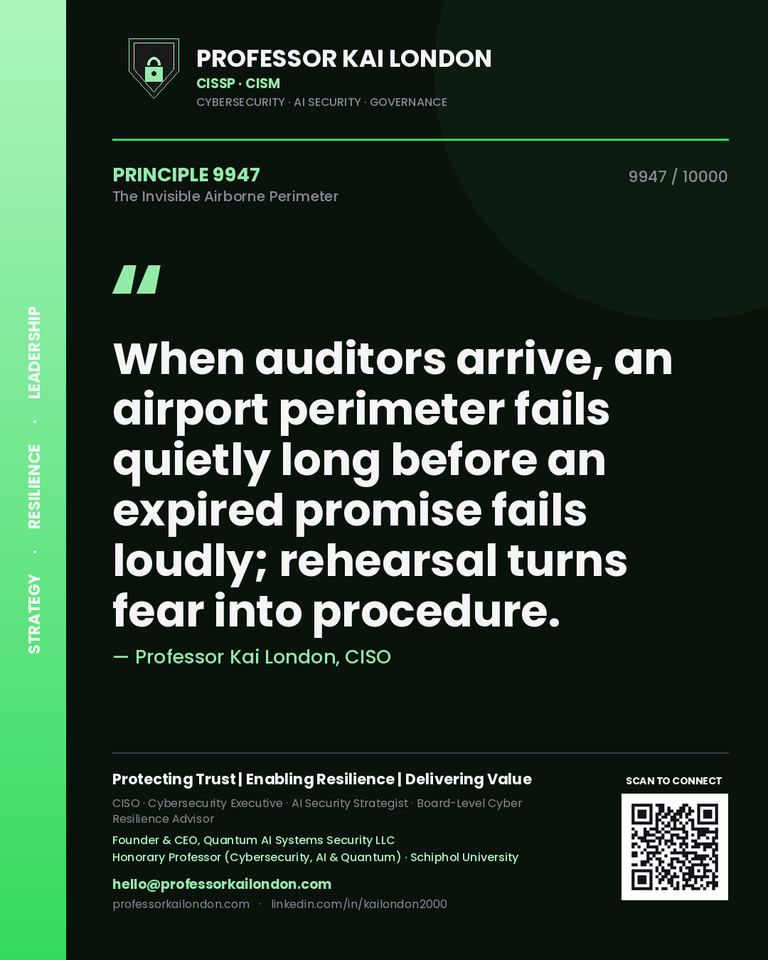 Quote card by Professor Kai London reading 'When auditors arrive, an airport perimeter fails quietly long before an expired promise fails loudly; rehearsal turns fear into procedure.'. From the book The Invisible Airborne Perimeter.