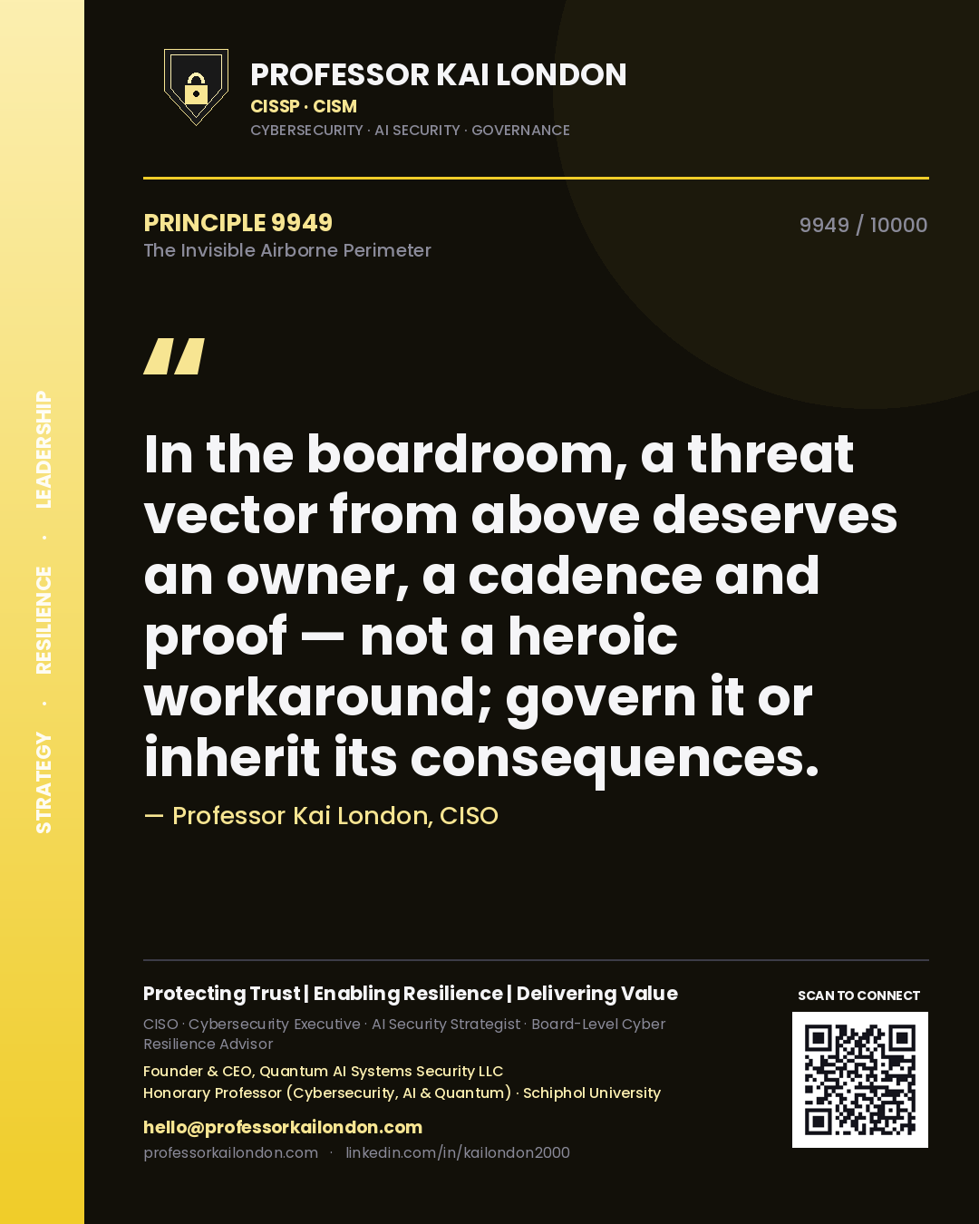 Professor Kai London principle 9949: In the boardroom, a threat vector from above deserves an owner, a cadence and proof — not a heroic workaround; govern it or inherit its consequences.