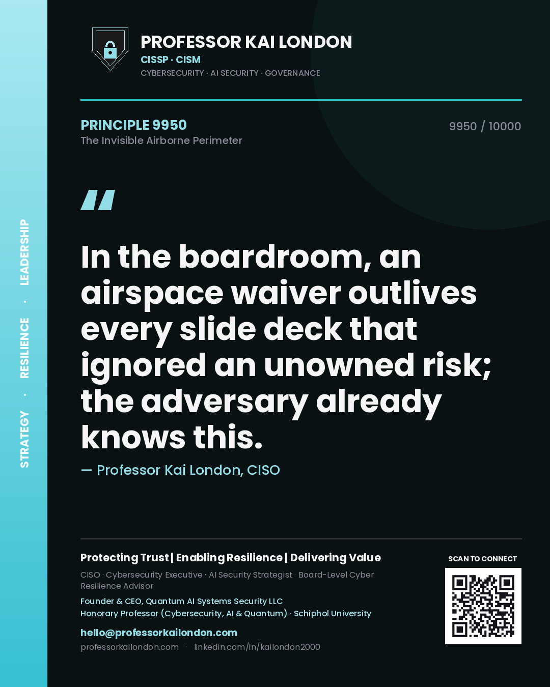 Quote card by Professor Kai London reading 'In the boardroom, an airspace waiver outlives every slide deck that ignored an unowned risk; the adversary already knows this.'. From the book The Invisible Airborne Perimeter.
