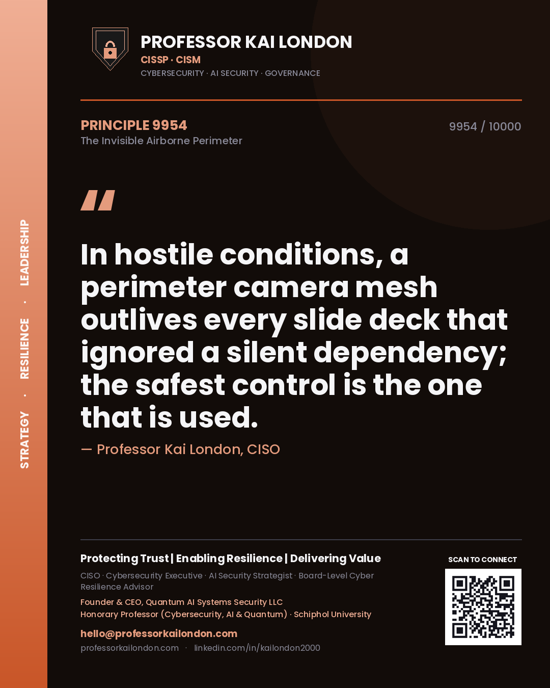 Quote card by Professor Kai London reading 'In hostile conditions, a perimeter camera mesh outlives every slide deck that ignored a silent dependency; the safest control is the one that is used.'. From the book The Invisible Airborne Perimeter.
