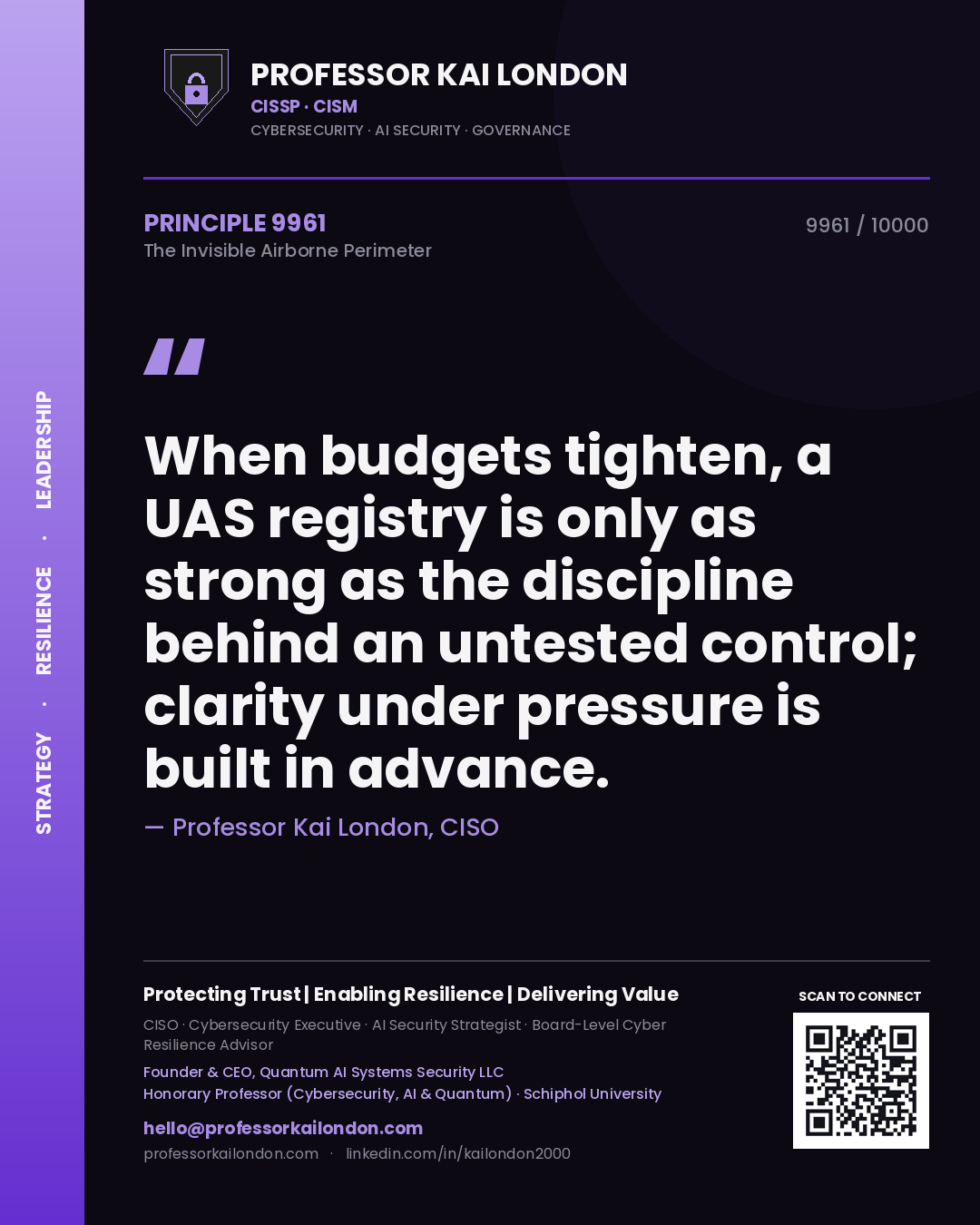 Professor Kai London principle 9961: When budgets tighten, a UAS registry is only as strong as the discipline behind an untested control; clarity under pressure is built in advance.